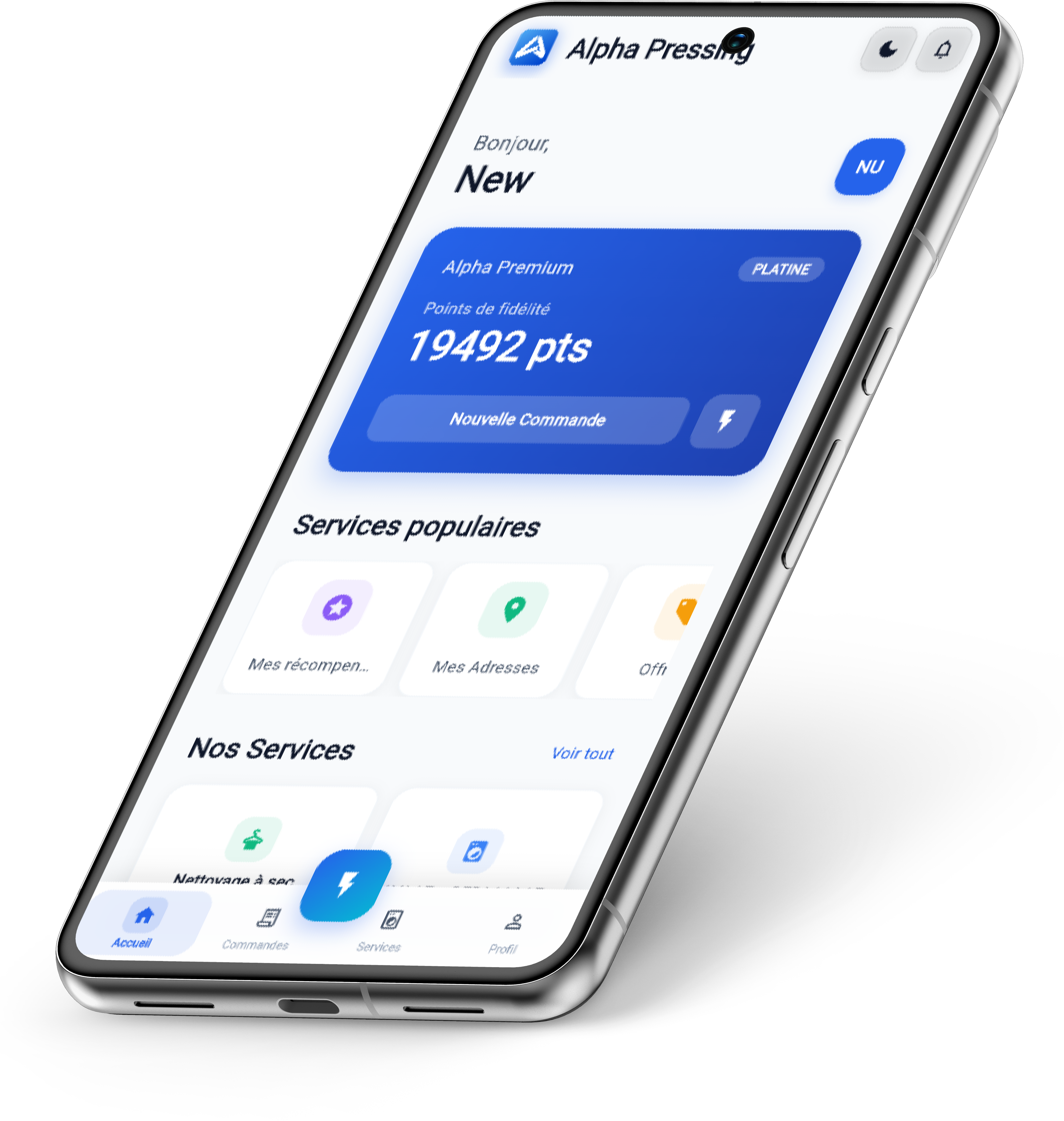 Mockup de l'application client Alpha Pressing